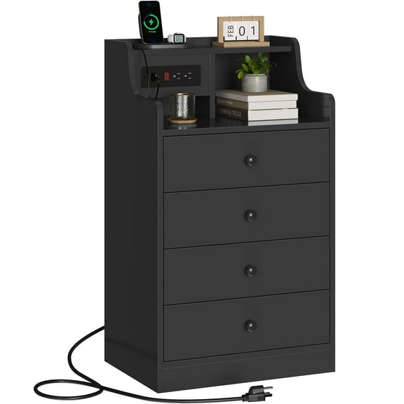 Afuhokles Nightstand with Charging Station, Bedside Table with 4 Drawers,End Table with Hutch, Black