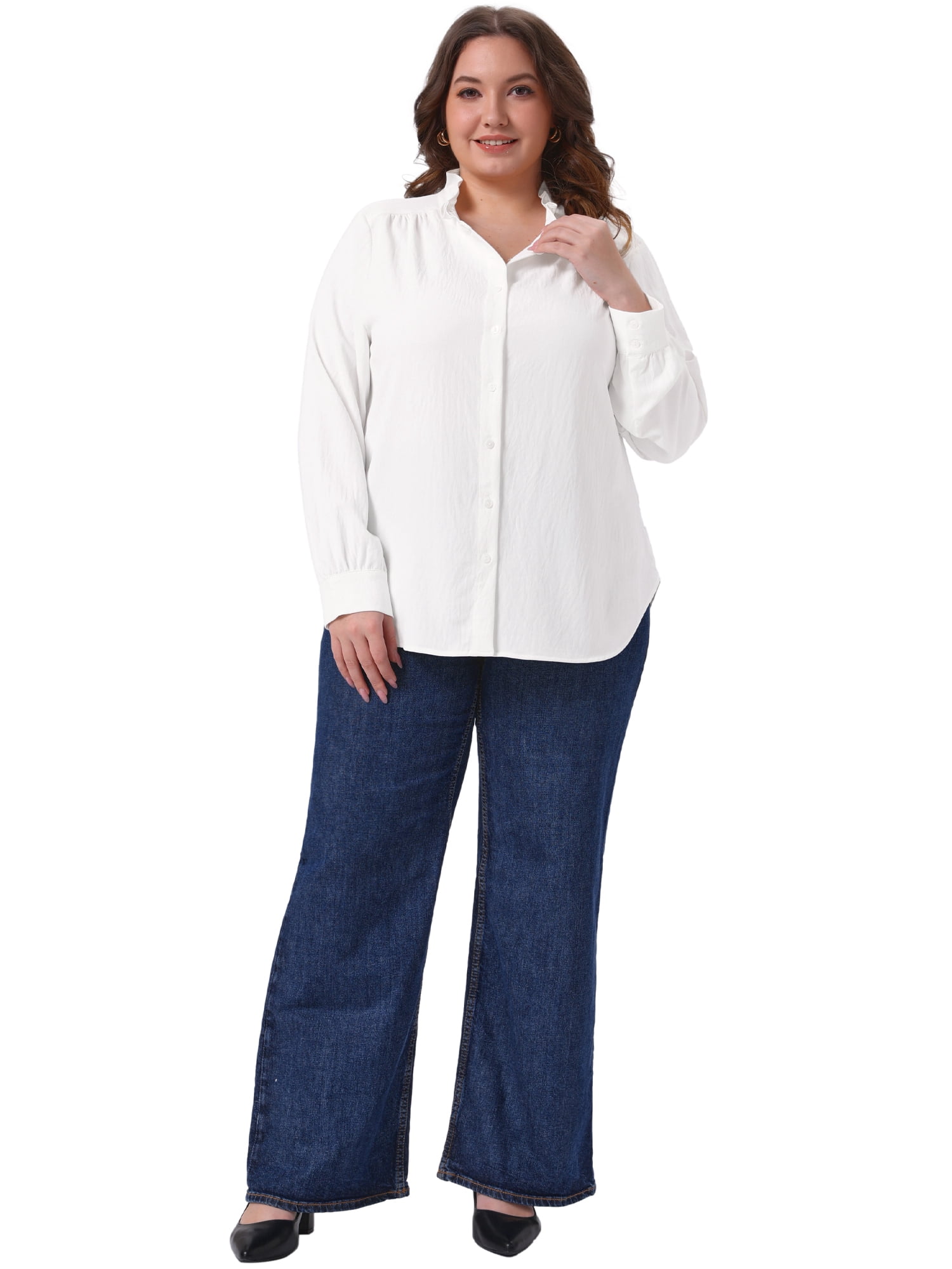 DARING DIVA Women's Plus Work Office Button Down Shirt Ruffle Stand Collar 2X White