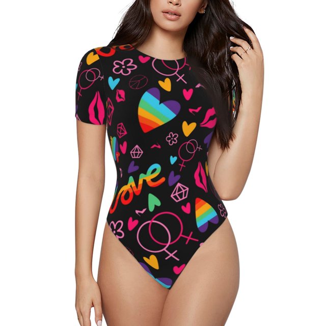 Balery Lgbt Rainbow For Pride Body de cuello redondo de manga corta para mujer Tops de manga corta Tops básicos-Large