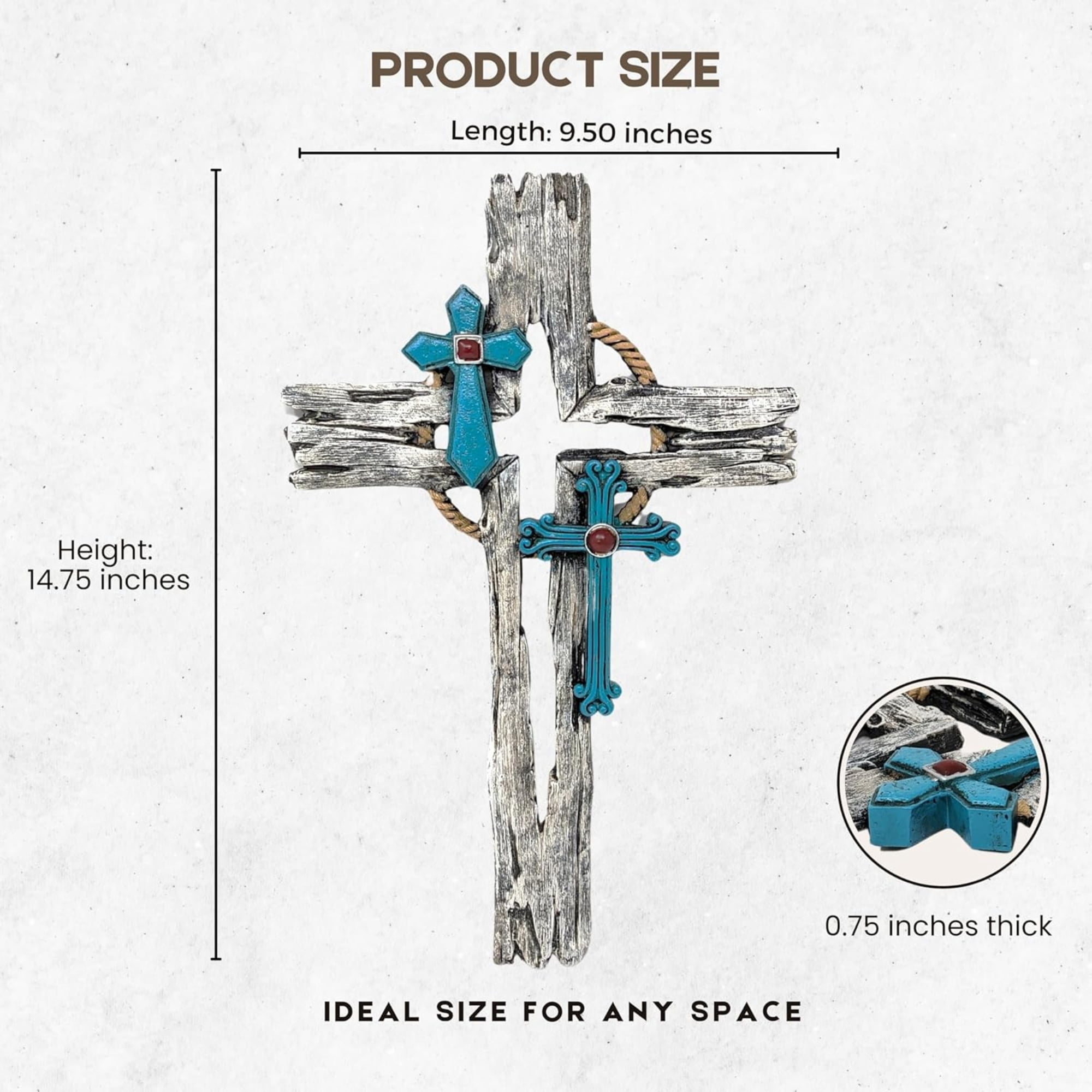Layered Faux Driftwood Cutout Wall Cross - Resin Rustic Distressed Driftwood Look with Turquoise Crucifix for Southwestern Spiritual & Religious Wall Décor - Inspirational Wall Art for Home & Office
