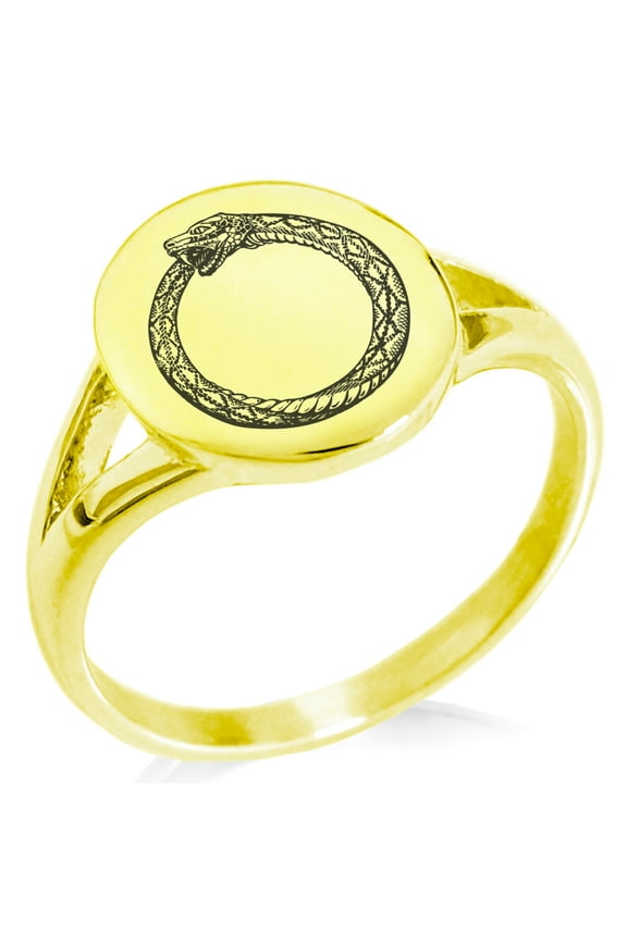 Stainless Steel Greek Mythology Ouroboros Minimalist Oval Top Polished Statement Signet Ring
