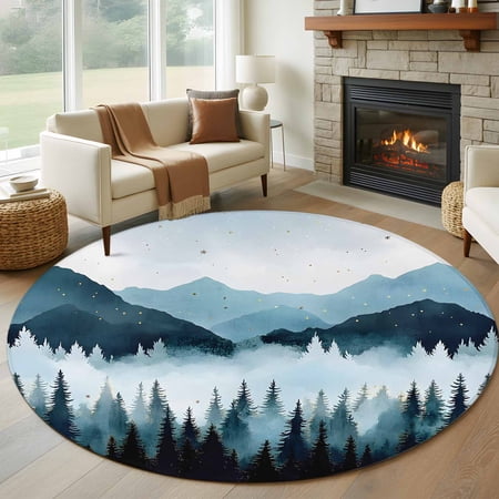 Forest Mountain Round Area Rug 5 FT Non Slip Bedroom Rugs Vintage Peak Nature Sky Star Landscape Washable Soft Circular Carpet Non-Shedding Floor Mat for Kitchen Dining Room Foyer Balcony Dorm