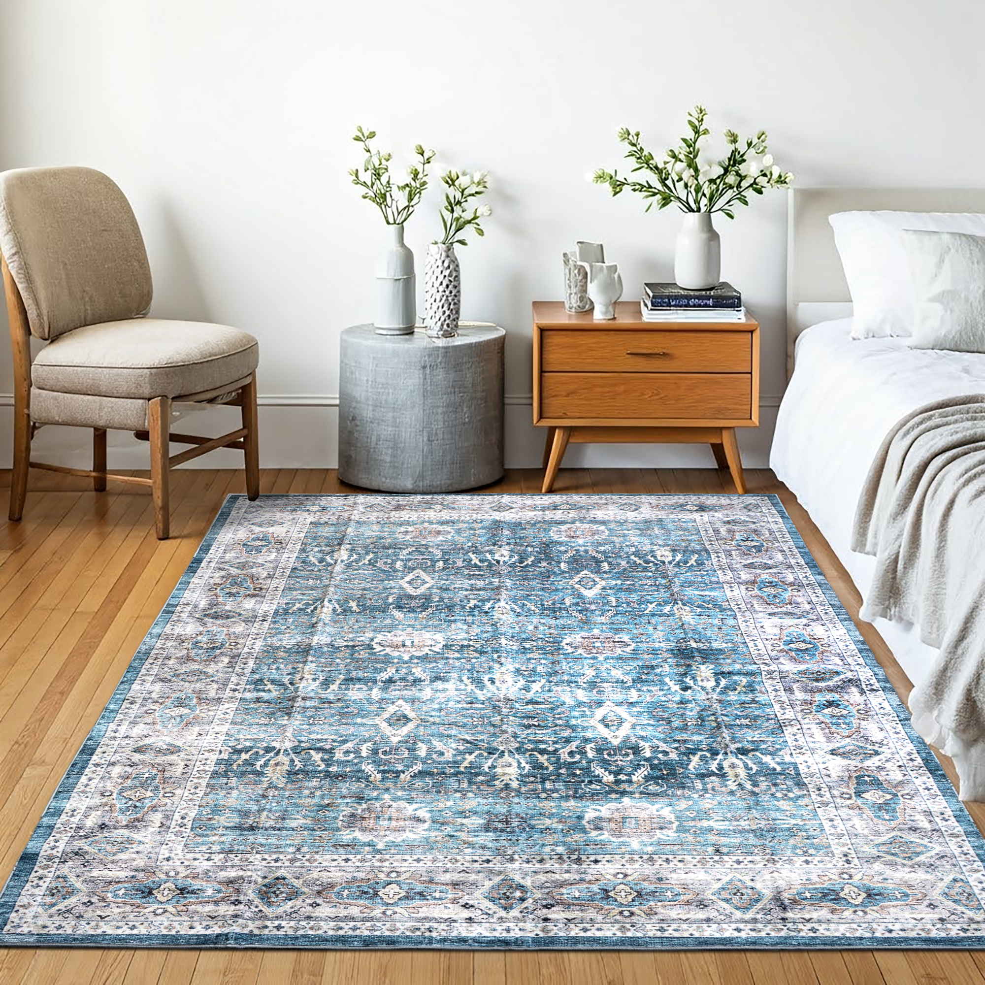 Delara 5'x7' Machine Washable Area Rug, Soft & Durable, Non-Slip, Stain Resistant, Azure Haven, for Bedroom, Living & Dining Room
