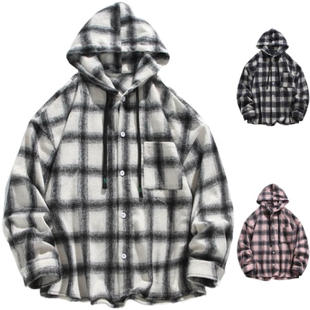 Men s Heavyweight Flannel Hoodie Plaid Shirt Jacket Long Sleeve Drawstring Warm Hooded Shacket with Chest Pocket for Outdoor Daily Layering White XL