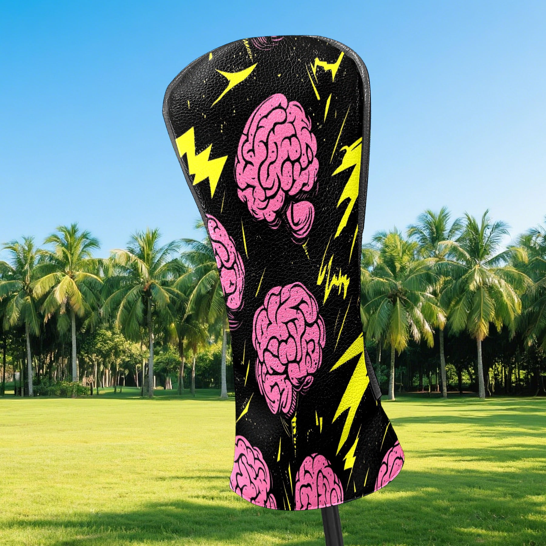 Golf Club Covers PU Leather Waterproof Head Covers for Fairway Woods Hybrids Cartoon Brain Lightning