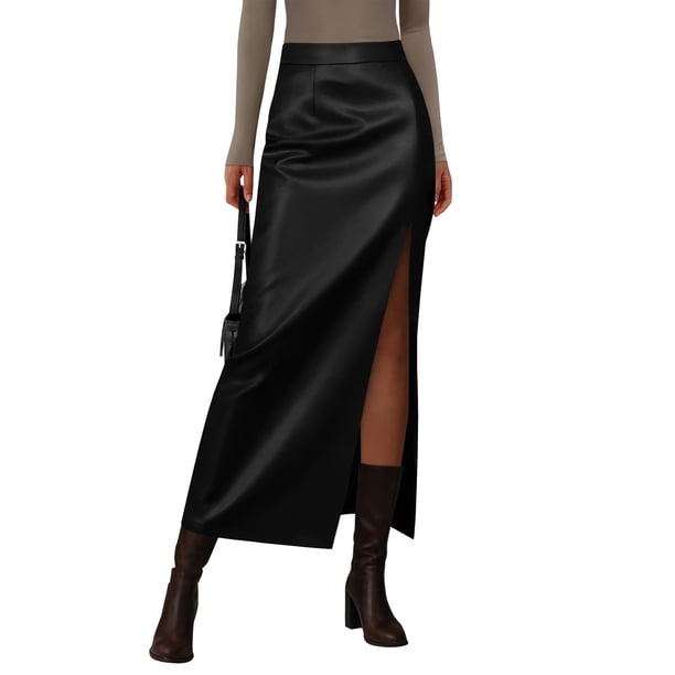 Falda PRETTYGARDEN 2025 de cuero sintético, tiro alto, maxi, negra, talla M