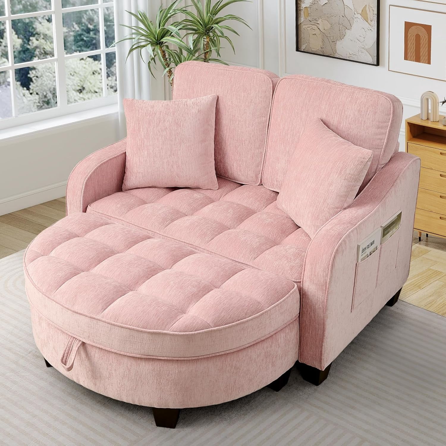 MOONMISS Oversized Chair and A Half, Chenille Tufting Accent Cozy Reading Sofa Chair with Storage Ottoman, Upholstered Loveseat Chaise Lounge Sofa with Adjustable Back for Living Room,Pink