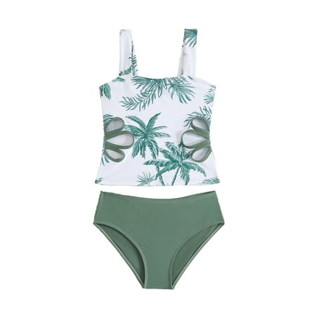 Fshinging Swim Suits For Girls Coconut Tree Print Side Floral Hollow Floral Print Adjustable Straps Tummy Control Swimwear Size 8-9 Years