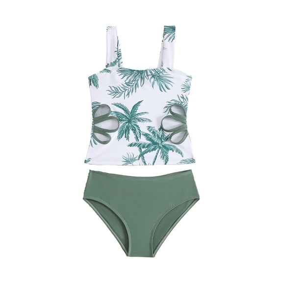ibiyuan Teens Girls Swimsuit 2 Piece Adjustable Straps Bathing Suits for Girls Quick Dry Tropical Print Tankini Ruched Ruched Side Bikini Sets for Teen Girls Girls Swimwear with Cover Up Skirt