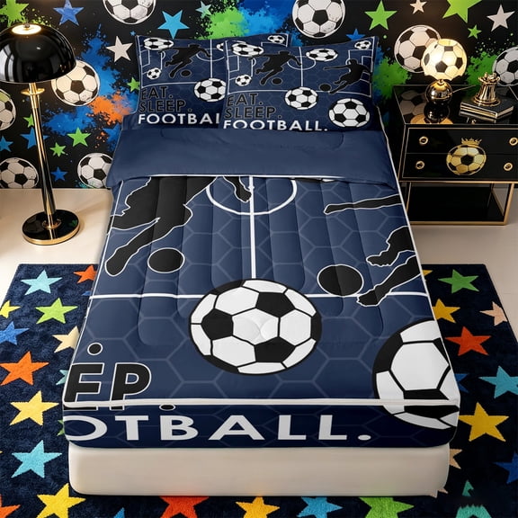Castle Fairy Eat Sleep Soccer Zipper Twin Comforter Sets with Fitted Sheet and 2 Pillowcases, Sport Theme Hexagon Zipper Bedding Set, Navy Black,4-Piece,Navy Blue Reversible