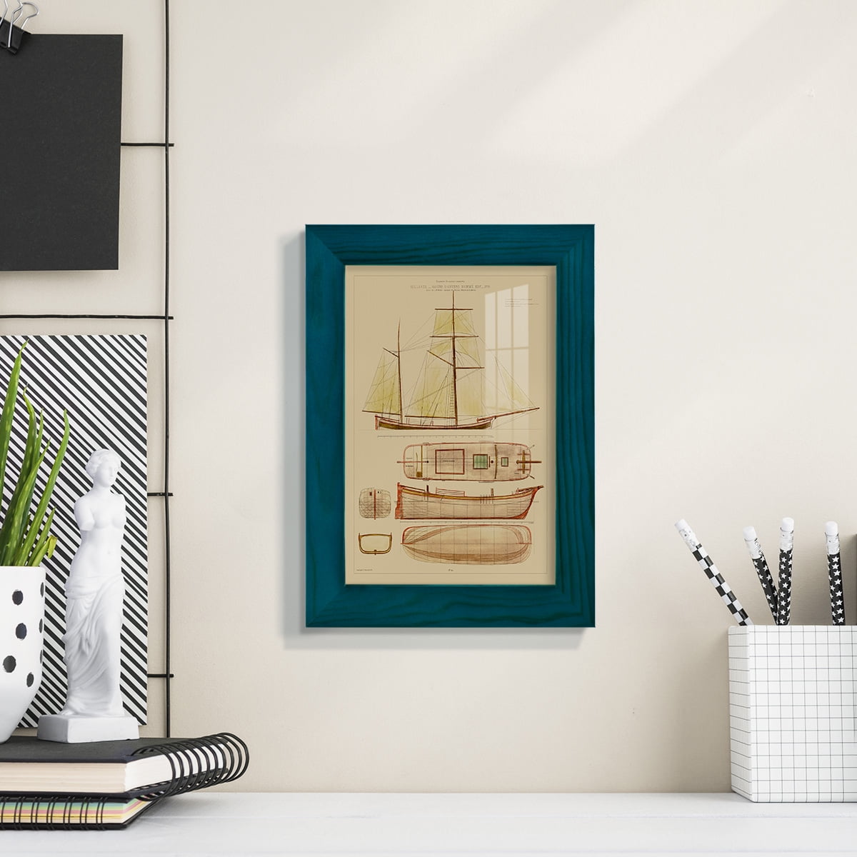 Antique Ship Plan IV -Framed Print w/glass-Ocean Blue