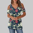 thumbnail image 2 of Olyvenn Women's Short Sleeve T-Shirts Summer Tops Cold Shoulder Blouse Crew Neck Loose Fit Basic Tee Casual Tops Shirts Navy XL, 2 of 6