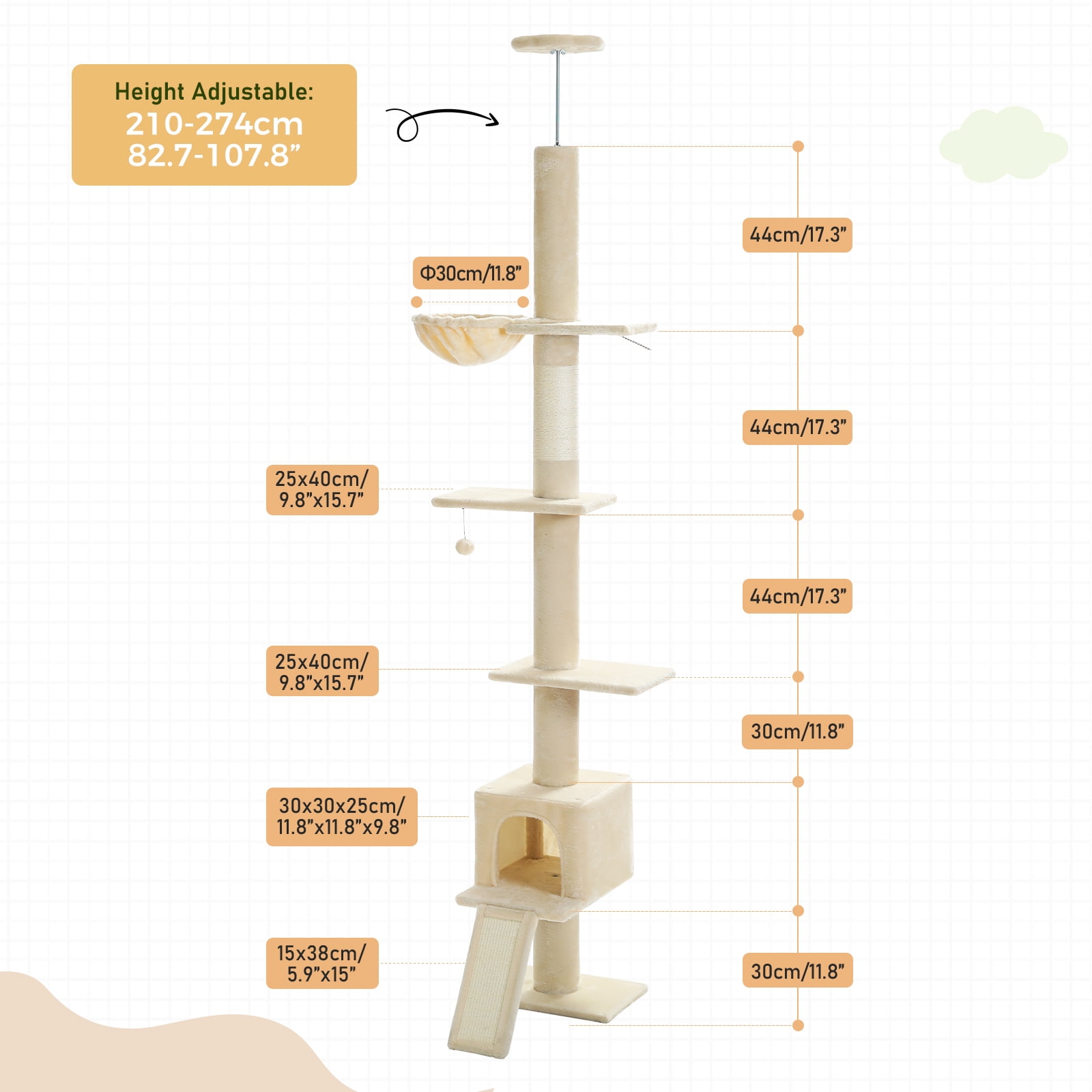 Pefilos 5 Tiers Cat Tree Floor to Ceiling, Adjustable Height (83"-108") Climbing Cat Tower for Indoor Cats with Condo, Scratching Post, Beige