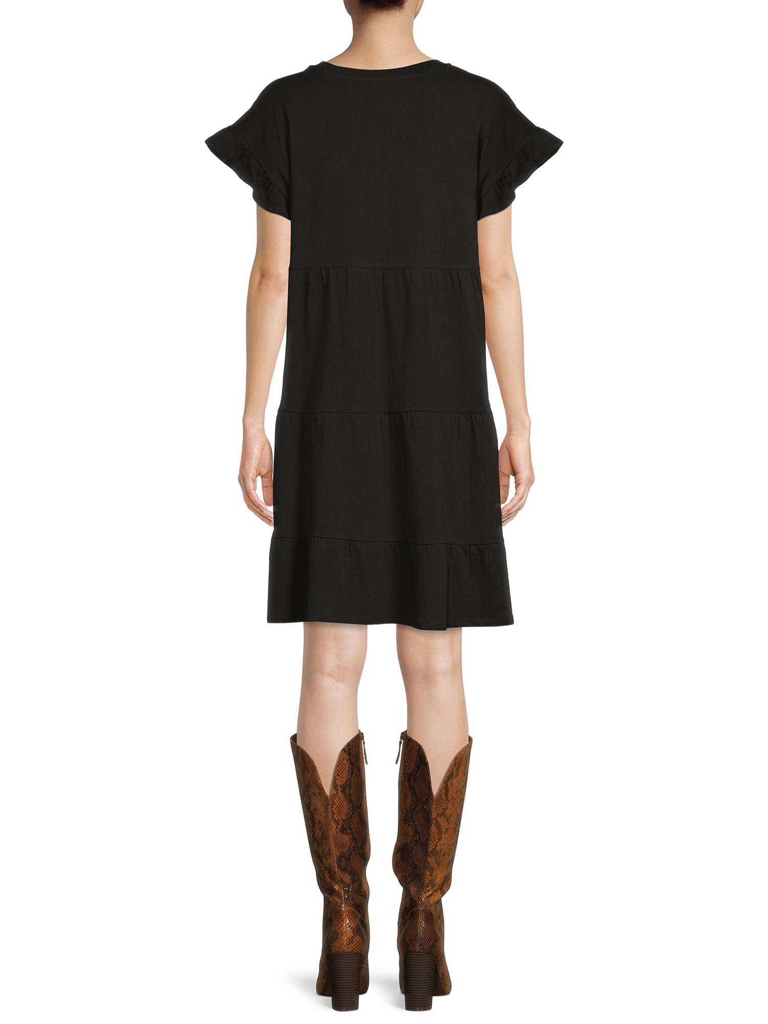 Time and Tru Women's Flutter Sleeve Knee Length Tiered Dress
