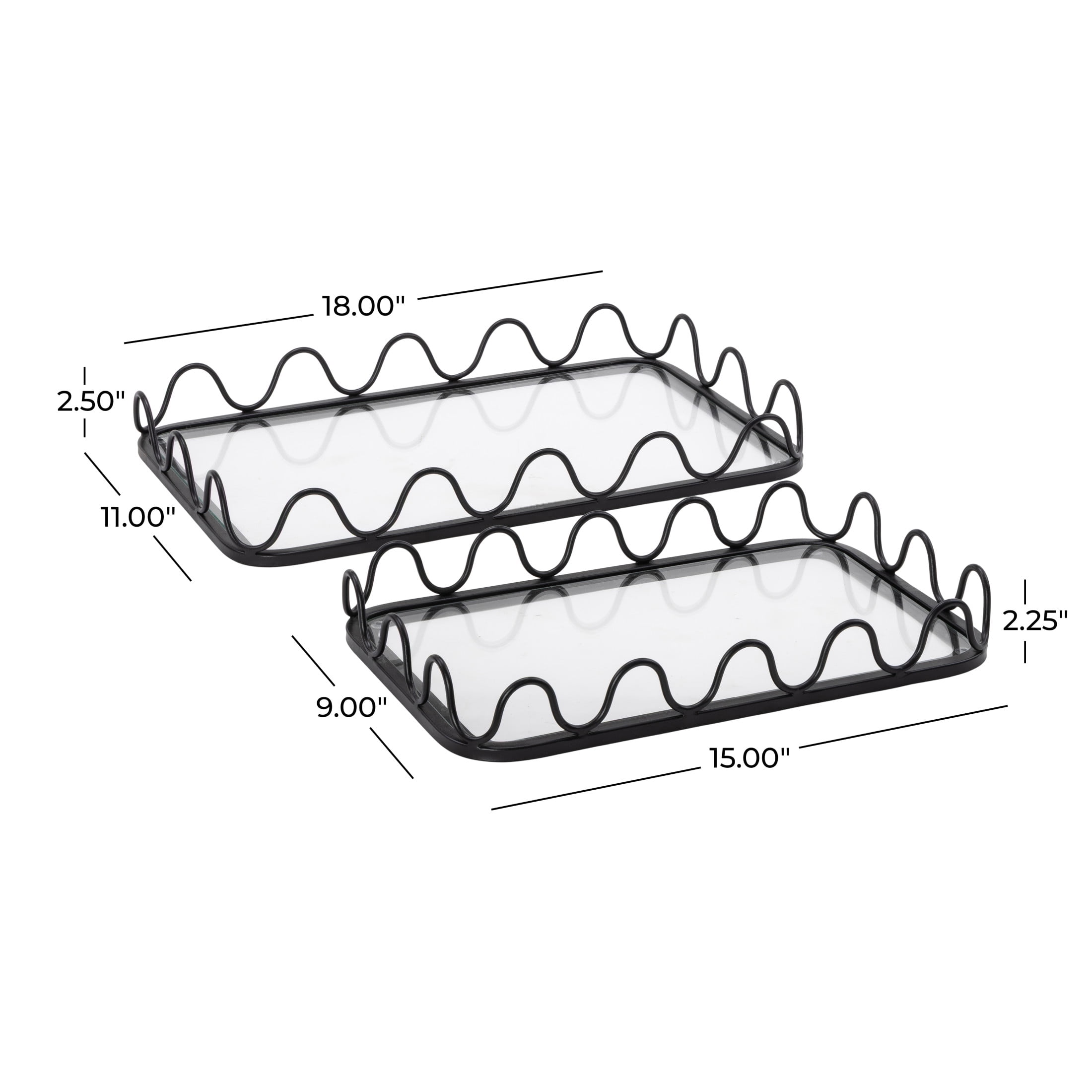 DecMode 18", 15"W Black Metal  Tray with Glass Base, 2-Pieces