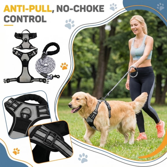 Reflective Dog Harness, Dog No Pull Harness, Harness for Dog, Escape Proof Construction, 48 in Leash, Gray, Pet Outdoor Exploring, 2 Pc Set (161 Chars)