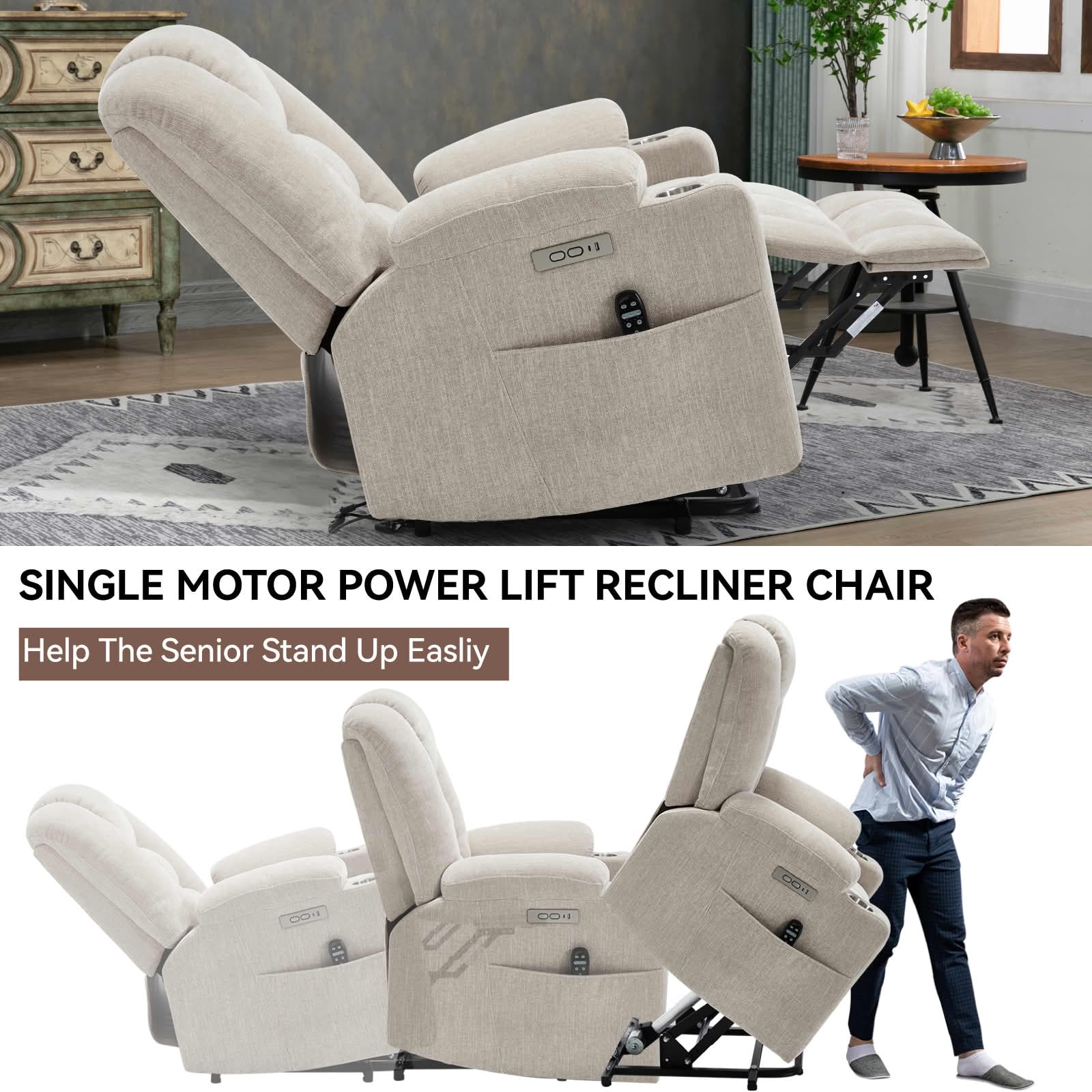 MAYEERTY Beige Chenille 350lbs Power Lift Recliner, Massage Heat USB-C 34"x39"x42" Wide Overstuffed for Elderly