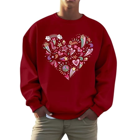ZHOUCHANKIDS Men s Valentine s Day Long Sleeve Button Down Shirts Men s And Women s Valentine s Day Letter Print Casual Crewneck Sweatshirt Pullover Top Red XL