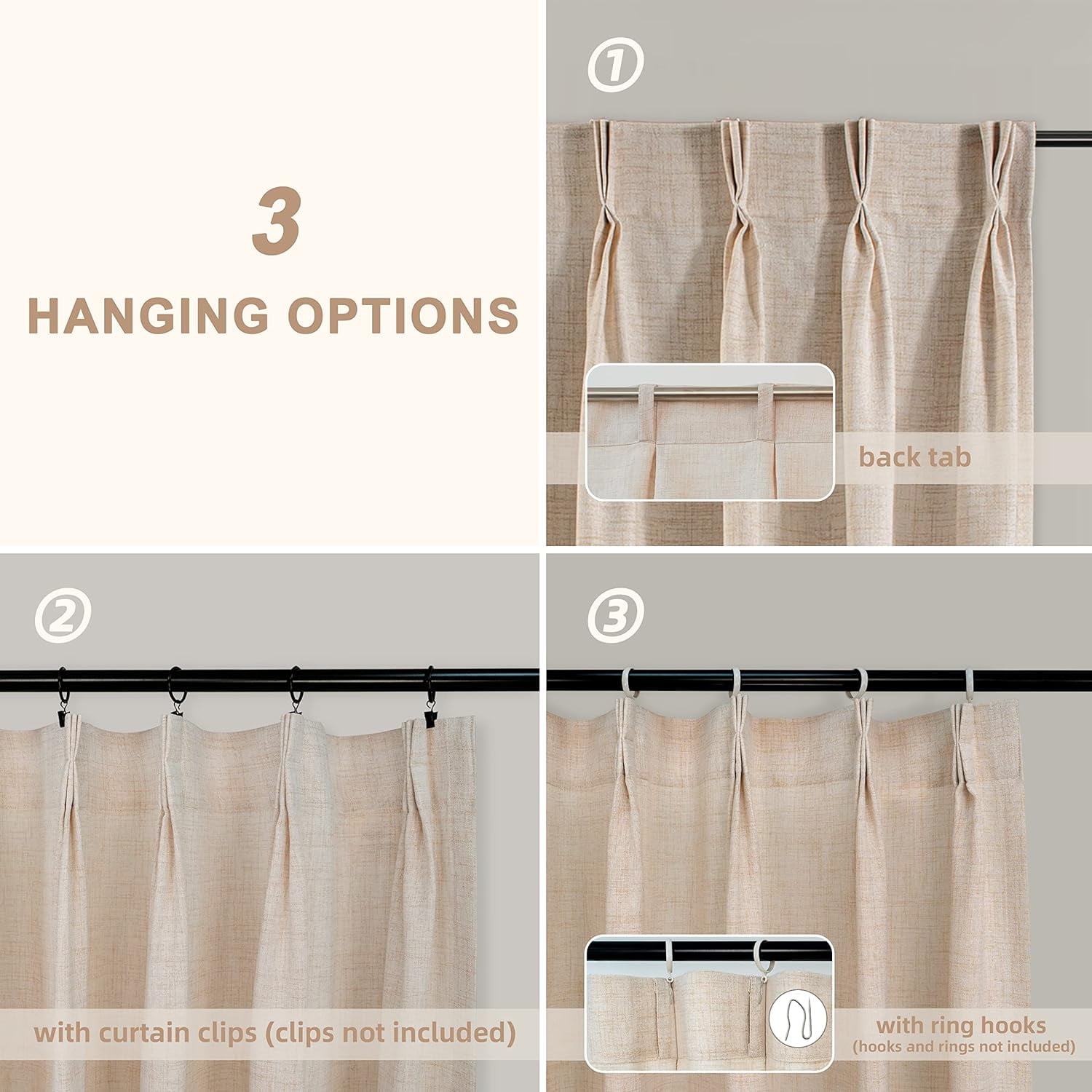 DriftAway Pinch Pleat Linen Textured Semi Sheer Solid Curtains Back Tabs Beige, 30"W x 84 "L