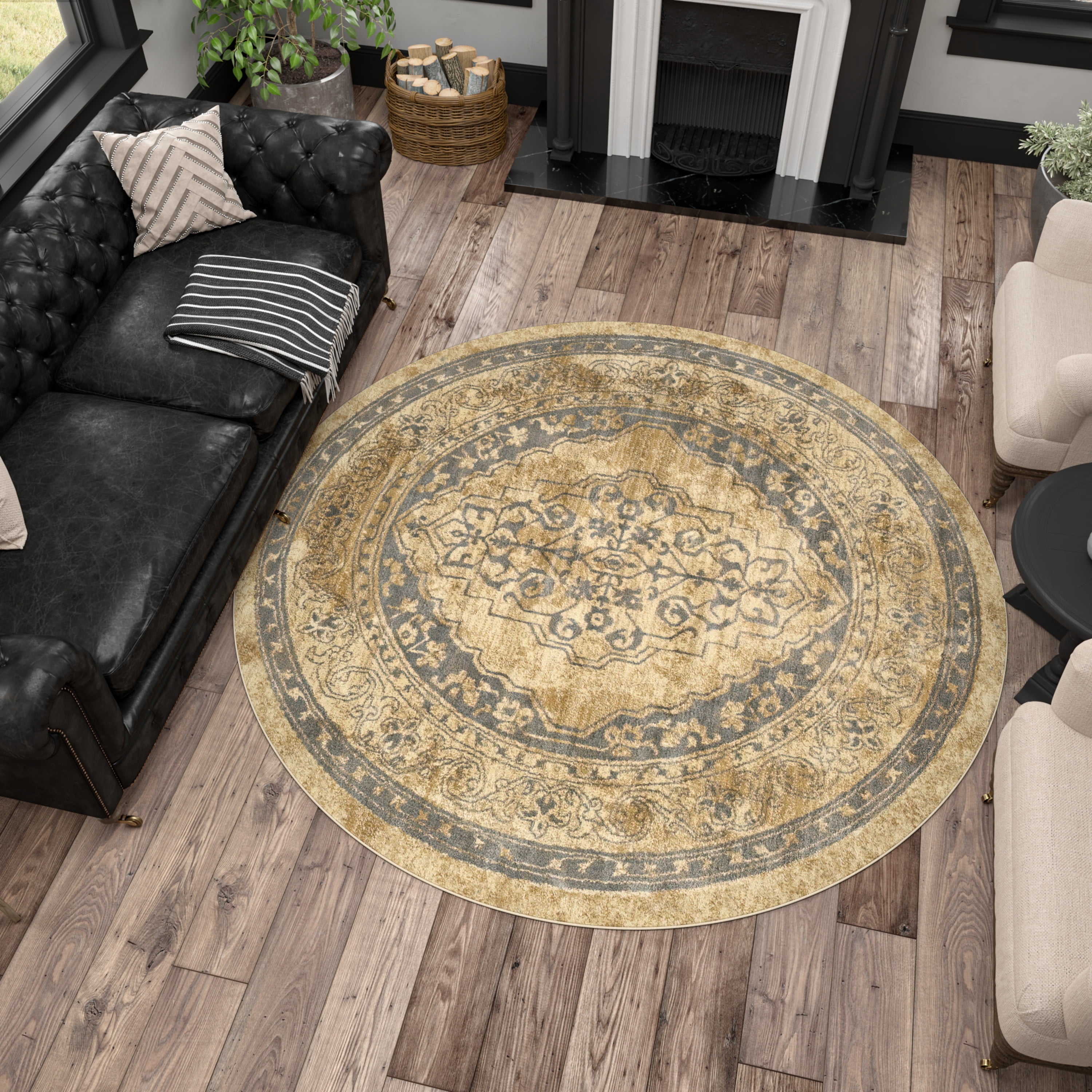 Sensation Transitional 5' Round Beige and Slate Blue Polypropylene Indoor Area Rug