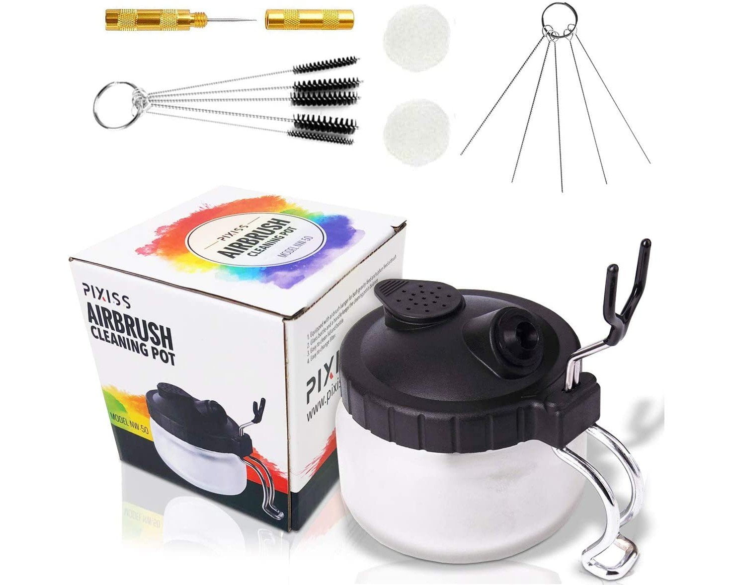 Airbrush Cleaning Kit, Pixiss Glass Cleaning Pot Jar with Holder, 5pc