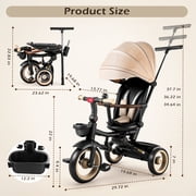 JoyStone 7 in 1 Foldable Tricycle Stroller for Toddler, Baby Tricycle with Adjustable Canopy, Parent Handle, Removable Pedals, Seat Belt and Storage Basket, Kids Bike for Ages 1-6 Boys & Girls, Khaki