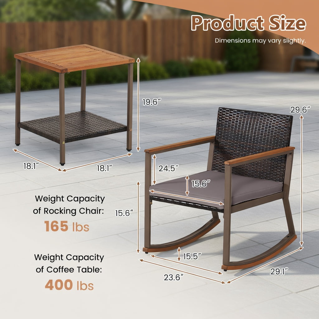 Hommoo 3-Piece Outdoor Rattan Rocking Bistro Set, Cushions, Acacia Wood Coffee Table, PE Rattan Chairs with Ergonomic Design, Gray