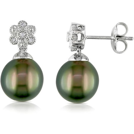 9.5-10mm Black Drop Tahitian Pearl and Diamond-Accent Sterling Silver Flower Dangle Earrings