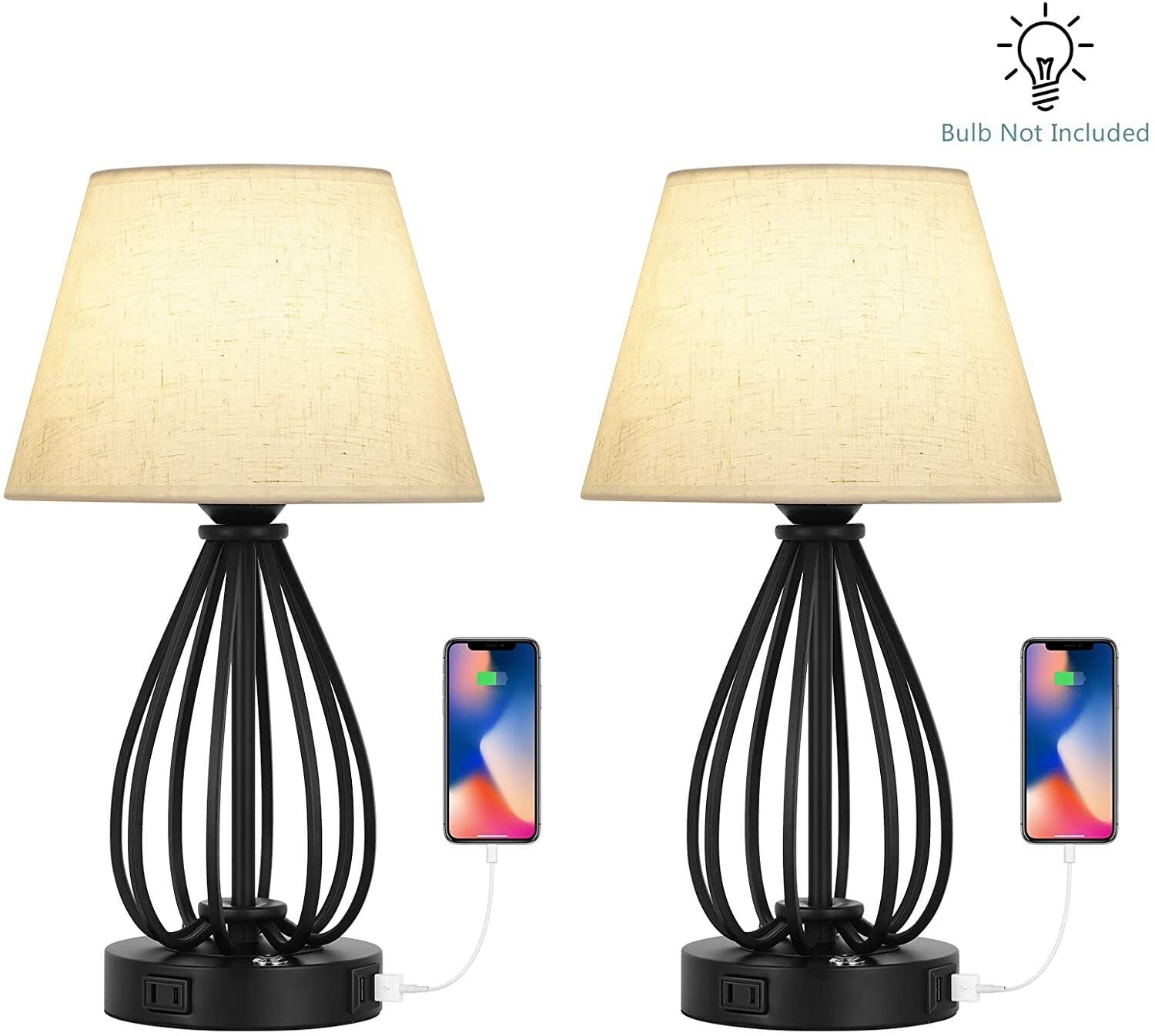 Set of 2 USB Touch Control Table Lamp Bedside Nightstand Lamps AC Outlet Bedroom