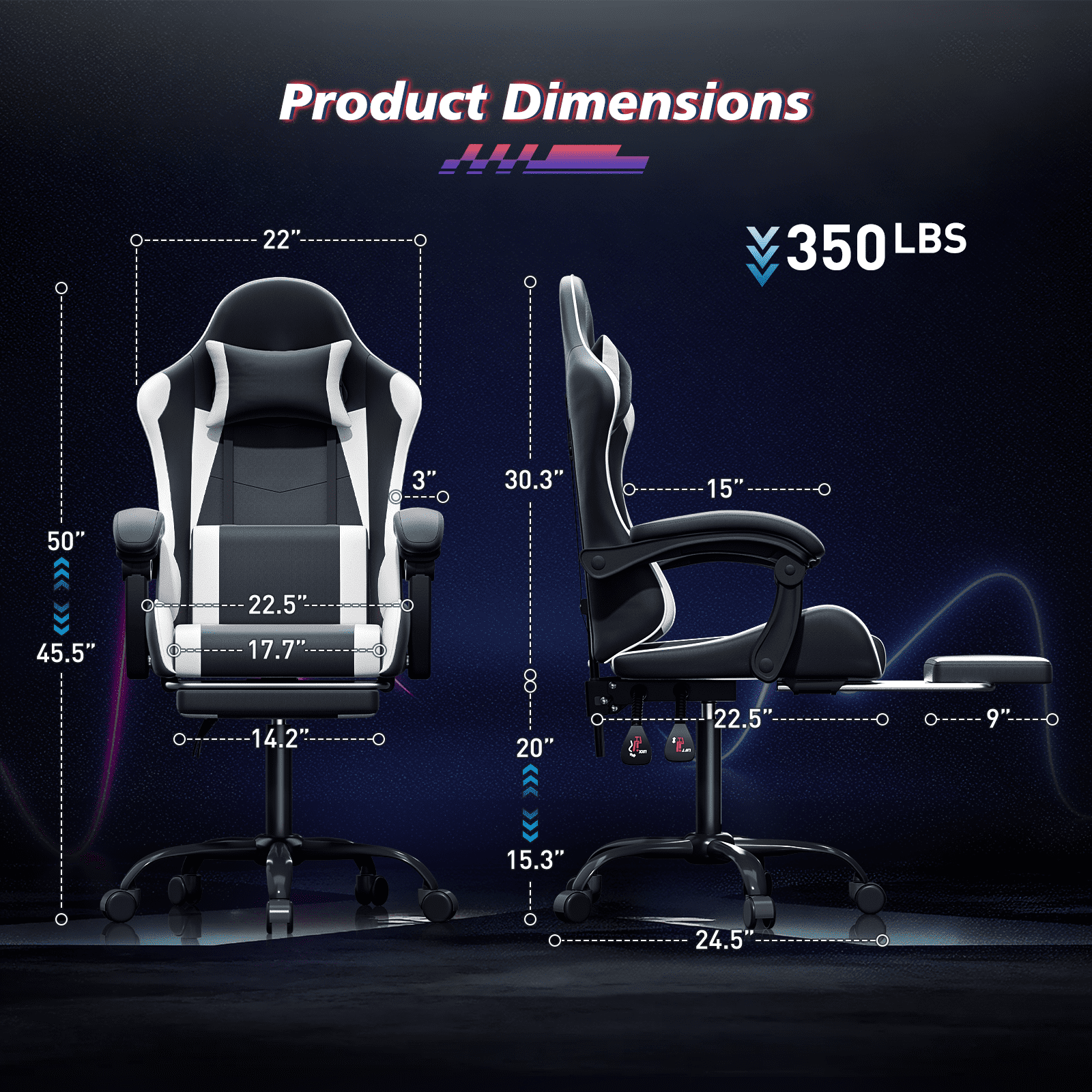 Magshion Ergonomic Gaming Chair with Headrest, Lumbar Support & Footrest - Adjustable Reclining Computer Chair for Adults, High Back Office Desk Chair, 350lbs Capacity， White