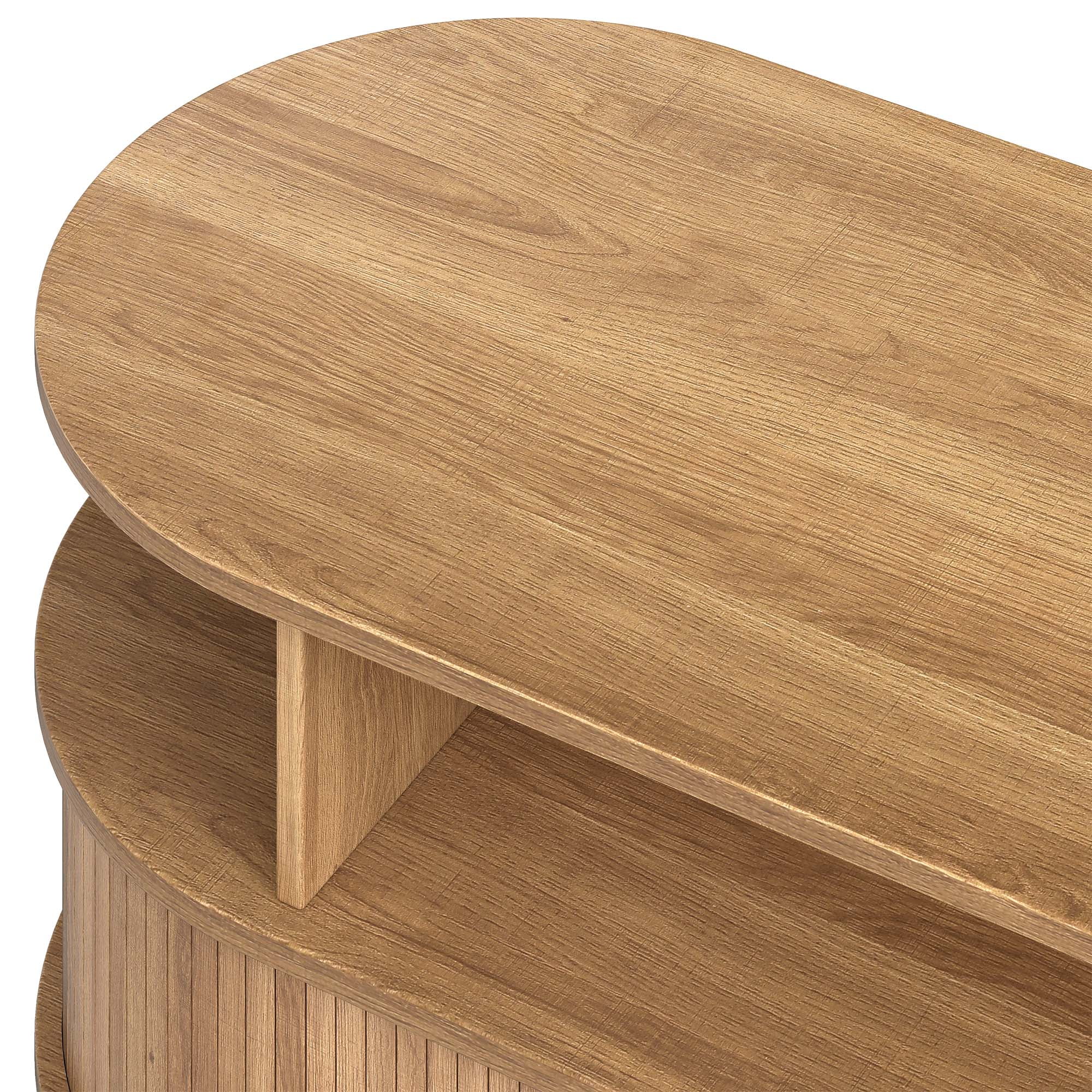 Uforic Oval Coffee Table with Storage & Fluted Sliding Doors for Living Room, Oak