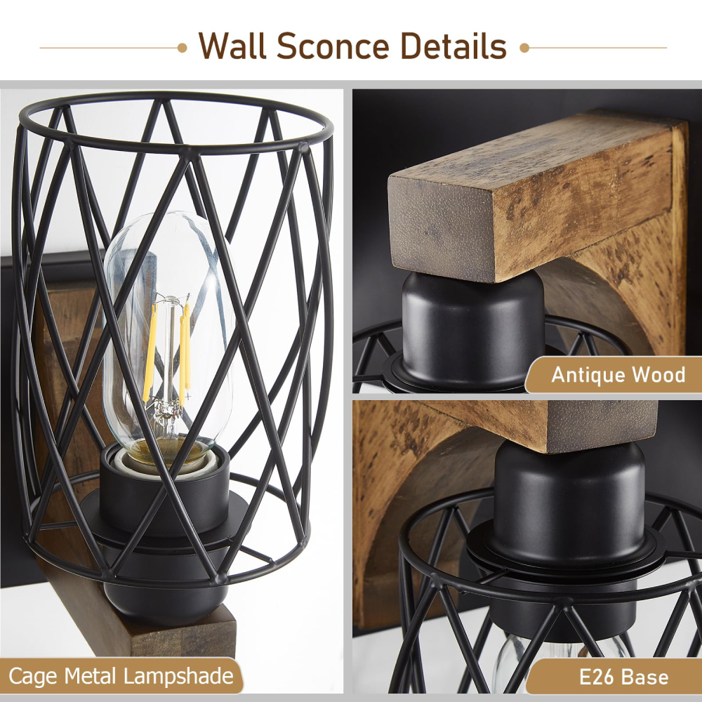 3-Light Wall Sconce, Black Metal Cage Fixture, Vintage Industrial Style for Bathroom/Hallway/Living Room, Bulbs Not Included