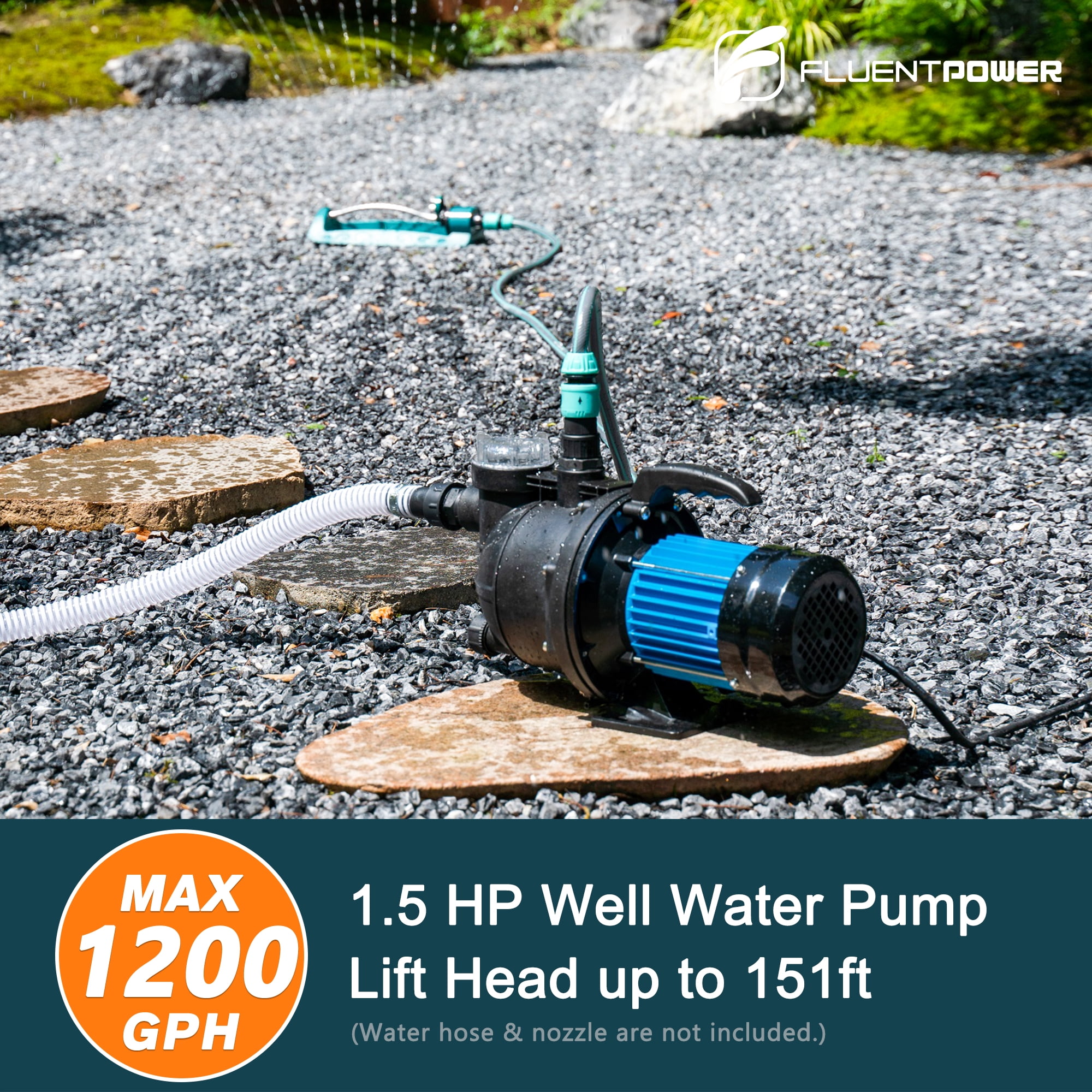 FLUENTPOWER 1.5HP Portable Garden Booster Pump with Prefilter, 1200GPH, Lift 151FT, Shallow Well Jet Pump, Water Transfer Draining Pump for Home Garden Lawn Sprinkler Irrigation