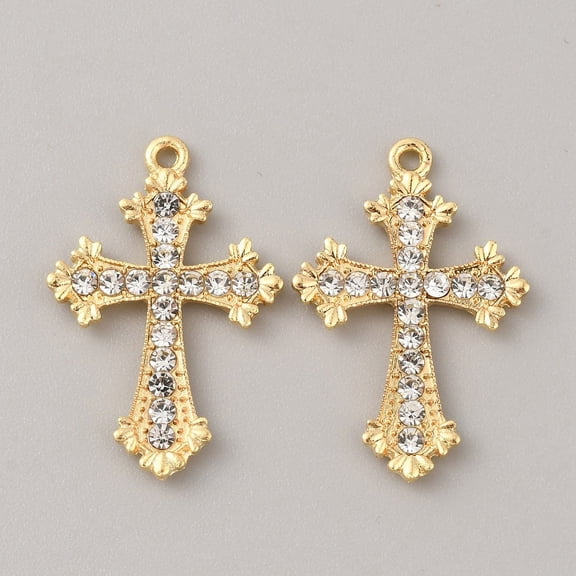 10 pc Alloy Rhinestone Pendants Cross Charms Light golden 28.5x19x2mm Hole: 1.5mm