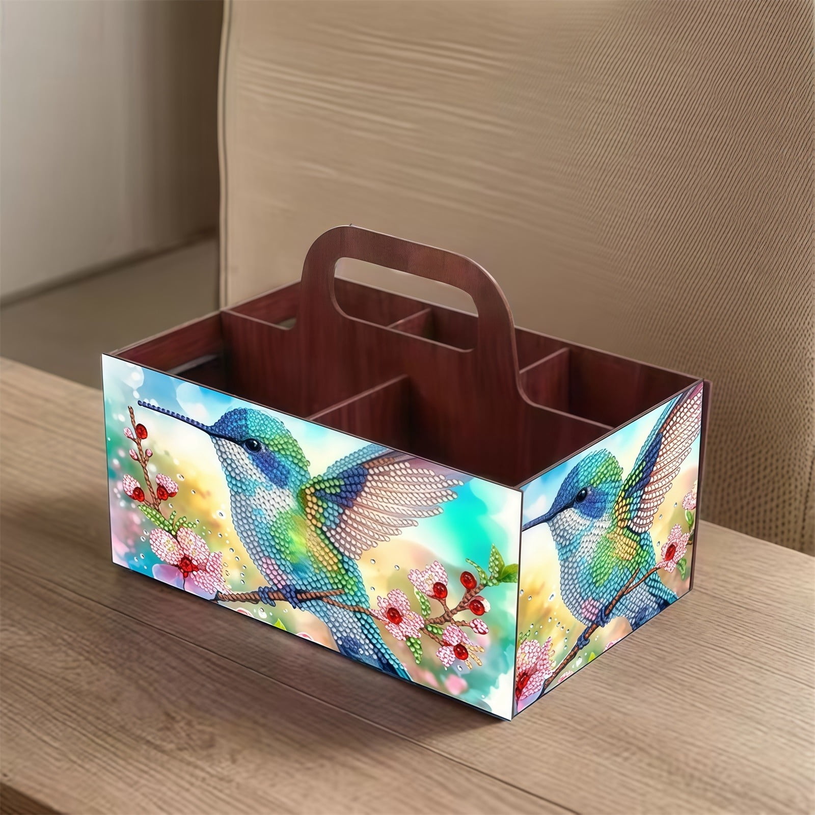 FLOPESN DIY Hummingbird Diamond Art Painting 5 compartments Wooden Storage Box, 9.44*8.14in, Practical Rectangular Assembly Portable Multi-Grid Box