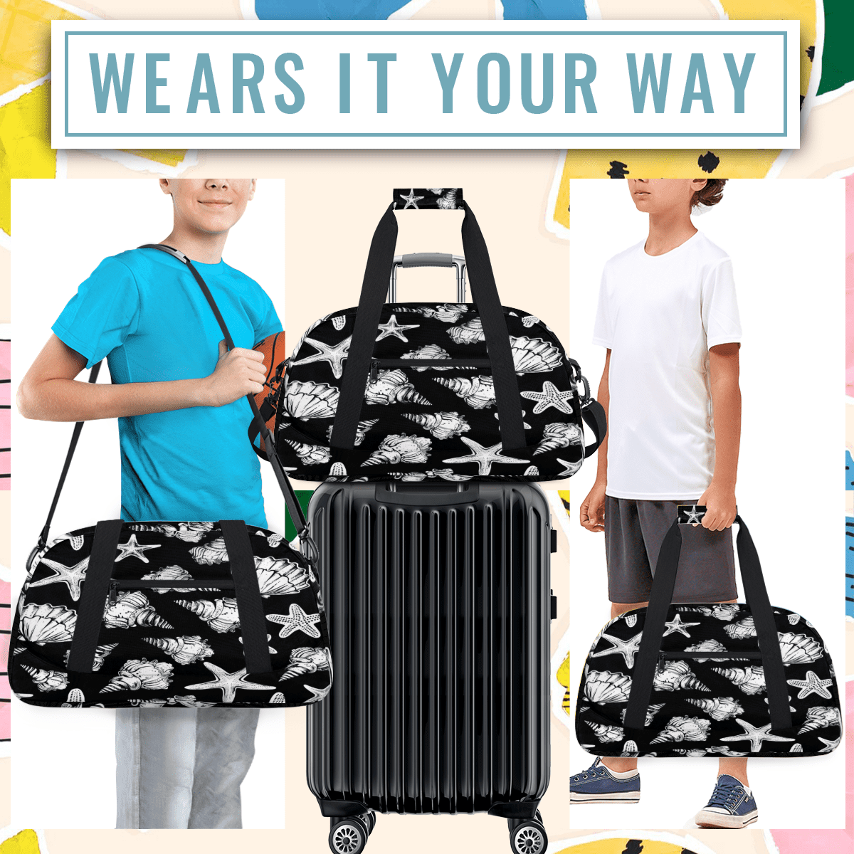Herdesigns Seashell Starfish Sports Duffle Bag for Women & Men, Gym Bag Dance Bag Overnight Bag Carry On Weekender Travel Bag