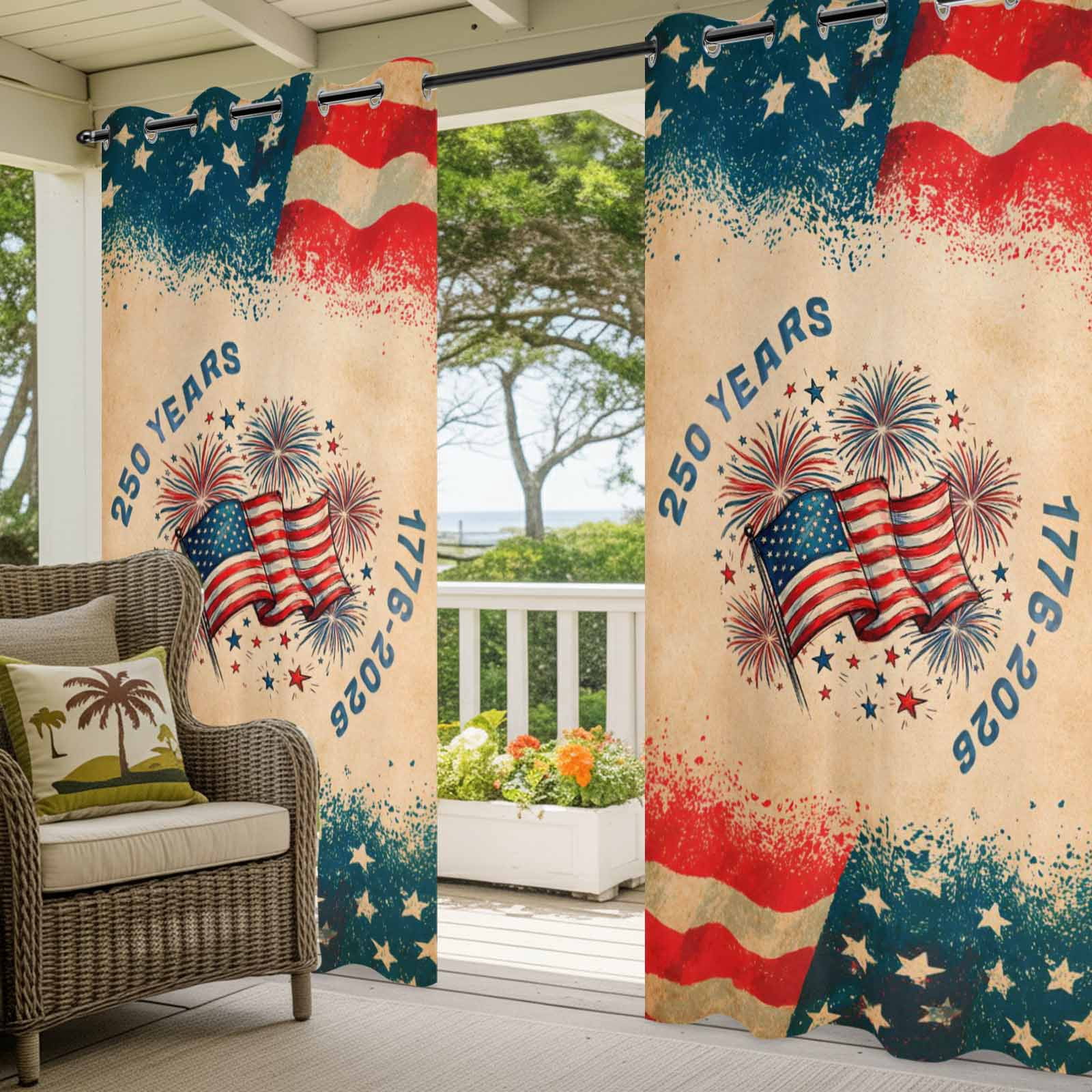 250th Anniversary Outdoor Curtains for Patio, Independence Day Firework American Flag Retro Sunshade Privacy Drapes Grommet Waterproof Outside Curtains for Porch/Cabana/Balcony 54"x 108", 1 Panel