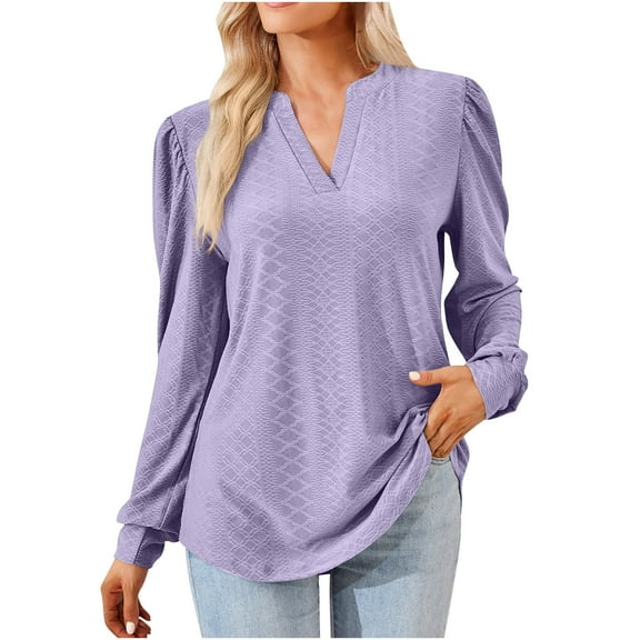 POIUYTR Long Sleeve Shirt for Women Casual V-Neck Loose Fit Tunic Blouse Fashion Solid Color Dressy Pullover Tops 2024 Fall Outfits
