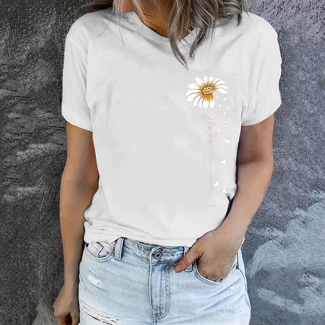 EQWLJWE Femmes Tops Casual Plus, Summer Tops for Women 2024 Vacances à la Mode, Femmes 2024 Spring et Summer Mode Motif Imprimé Col Rond T-shirt Top/Shirt