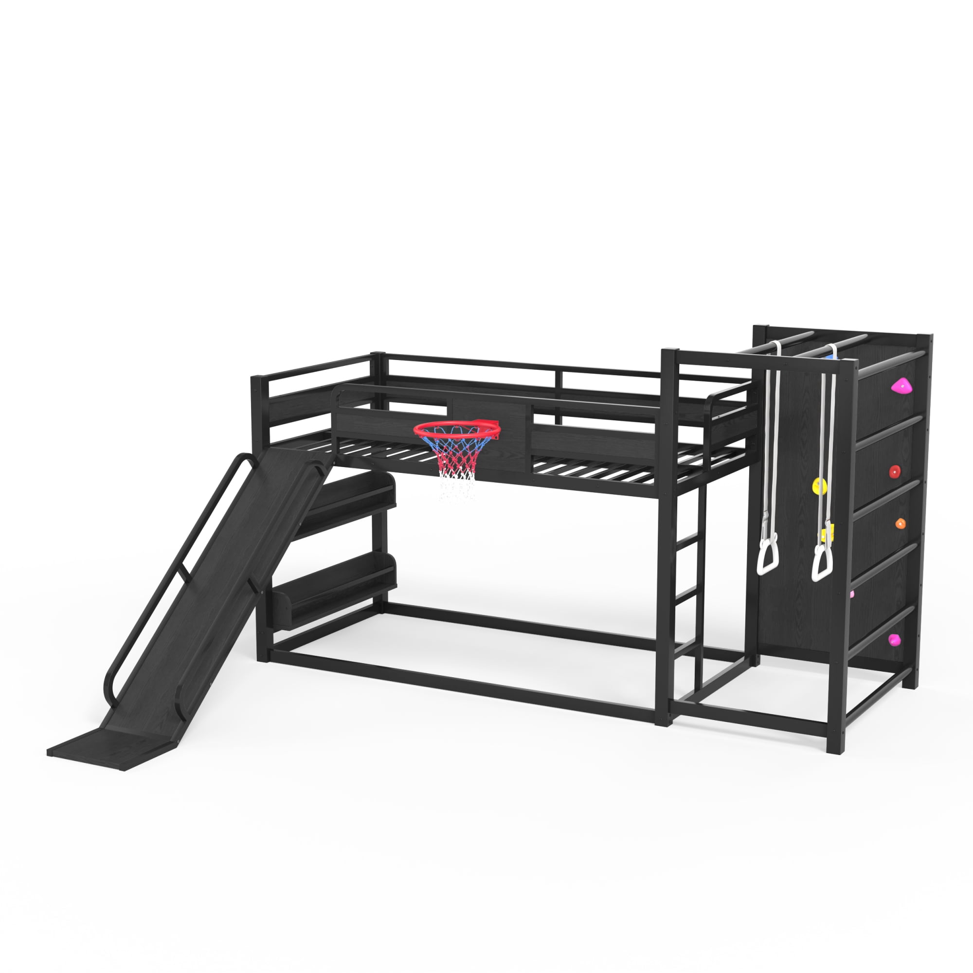 Twin XL Size Loft/Bunk Bed with Basketball Hoop, Pull-up Rings and Climbing Wall, Metal Loft Bed Frame with Slide and Bookshelves, Heavy Duty Bunk Beds with Guardrail