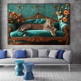 thumbnail image 3 of Mudket Vintage Leopard on Teal Velvet Sofa Framed Canvas Wall Art, Elegant Floral Jungle Leopard Print Room Decor for Women Living Room, Bedroom, Ready to Hang-40"L x 28"W, 3 of 10