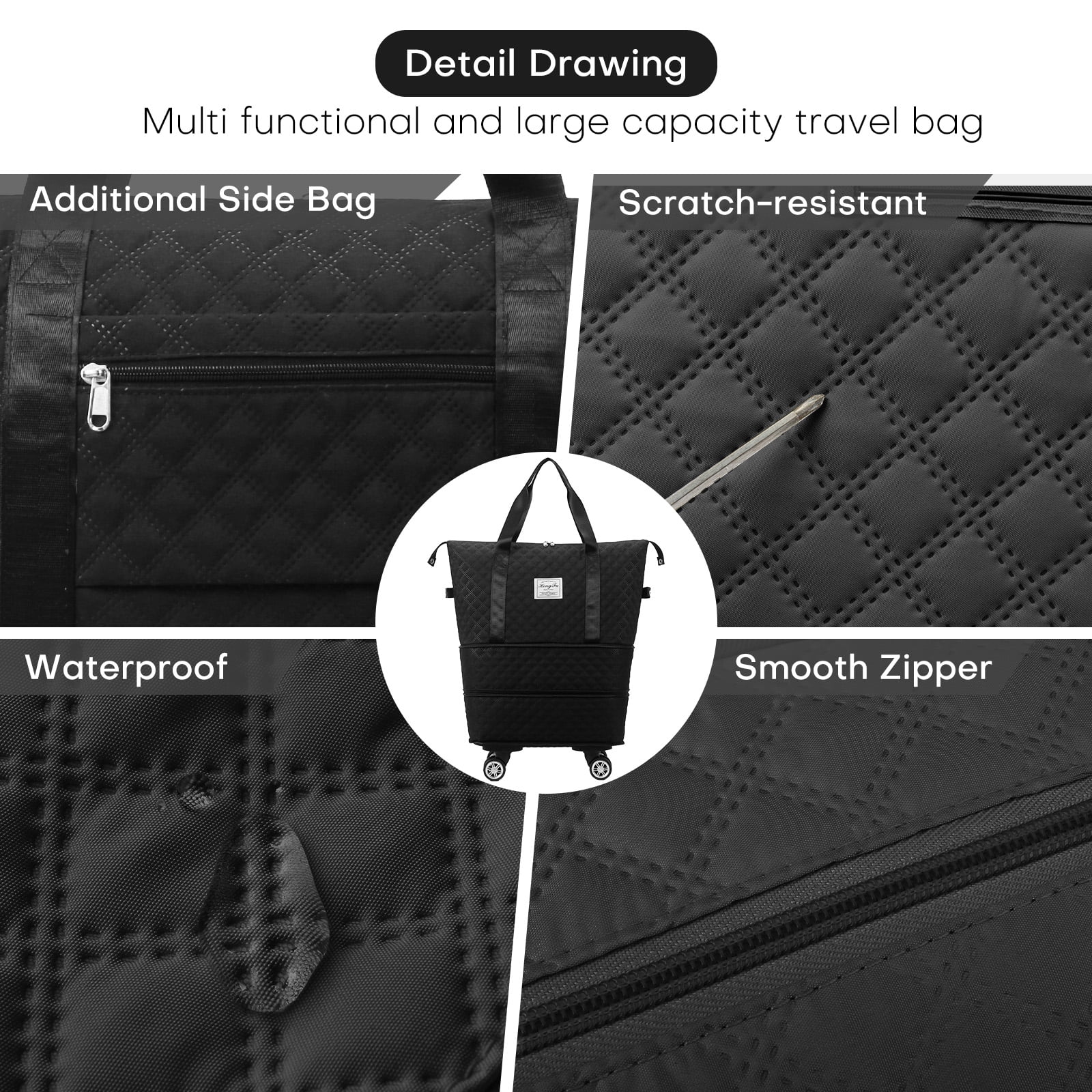 Expandable Rolling Travel Bag With 360° Detachable Wheels Trolley Sleeve Pocket Foldable Luggage Bag Waterproof Carry On Overnight Tote Duffle Bag For Home Storage Gym Moving Camping