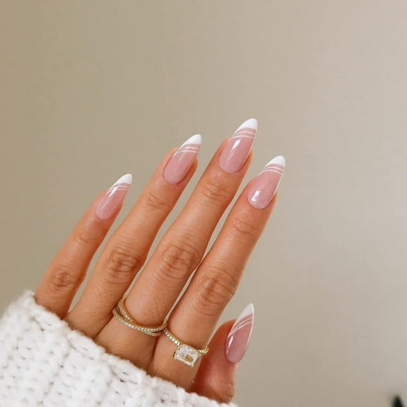 24 Pcs French Tip Press on Nails Medium Almond Fake Nails Pink Acrylic Nails with White Line Designs False Nails with Glossy Full Cover Glue on Nails for Women Girls white 0.04 Fl Oz (Pack of 24)