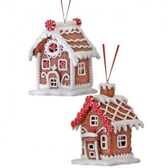 Claydough Gingerbread House Ornaments 2 Assorted 5 Inches, Red, Brown and White