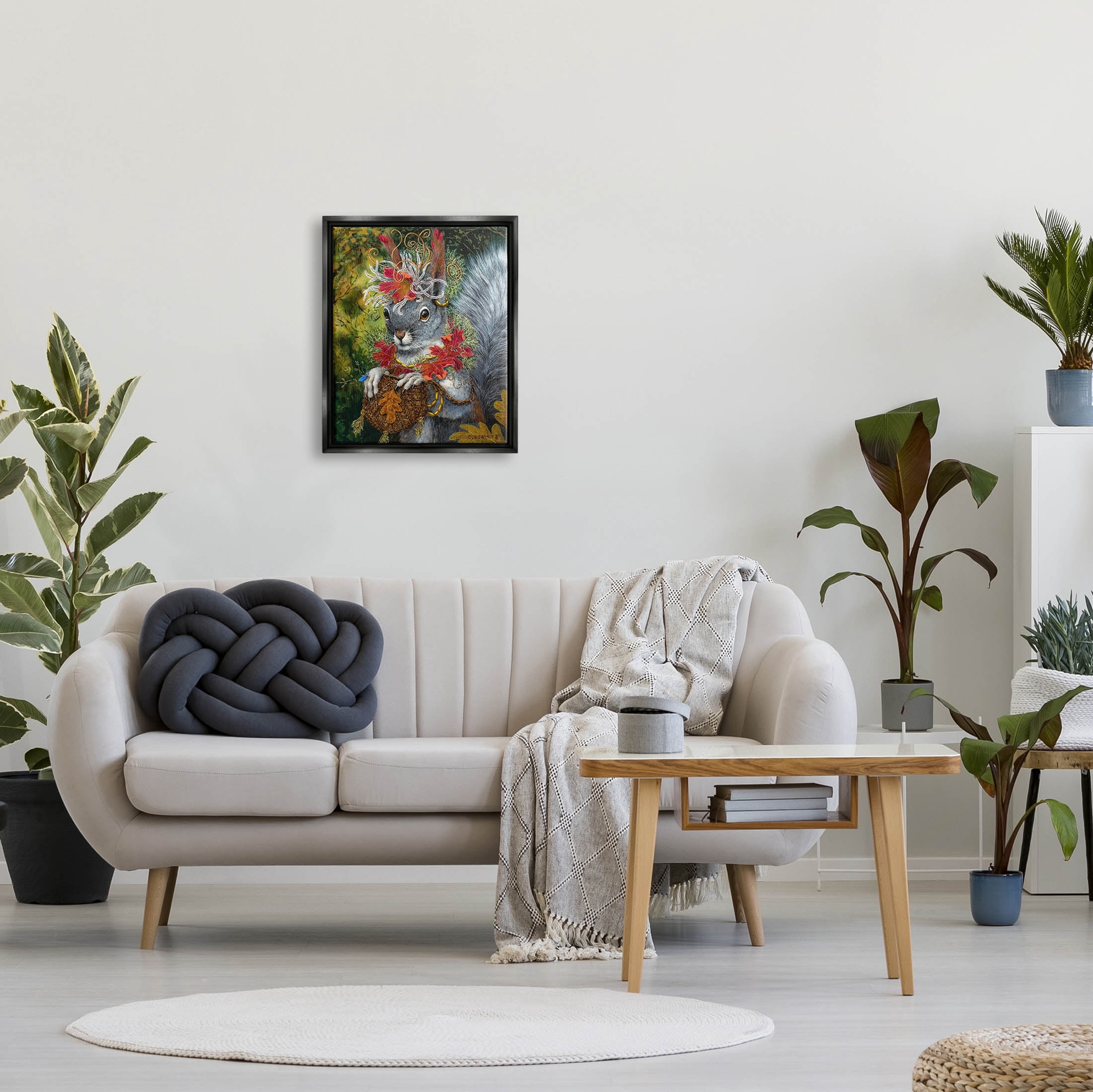 Stupell Industries Wildlife Botanical Squirrel Painting Jet Black Floating Framed Canvas Print Wall Art, Design by Carolyn Schmitz