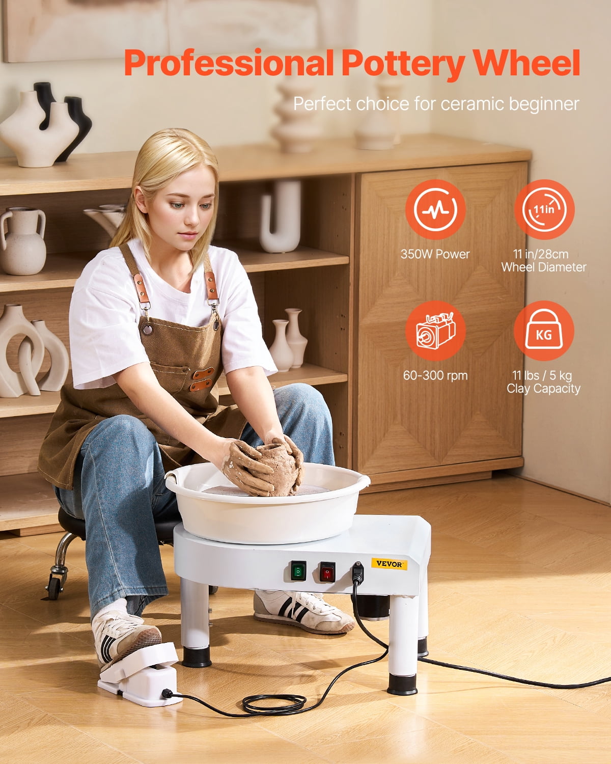 VEVOR Pottery Wheel, 11 in Ceramic Wheel Forming Machine, 60-300 RPM Speed Adjustable Foot Pedal, Adjustable Lift Leg, Detachable Basin, Complete Tool Accessory Kit for Work Art Craft DIY, White