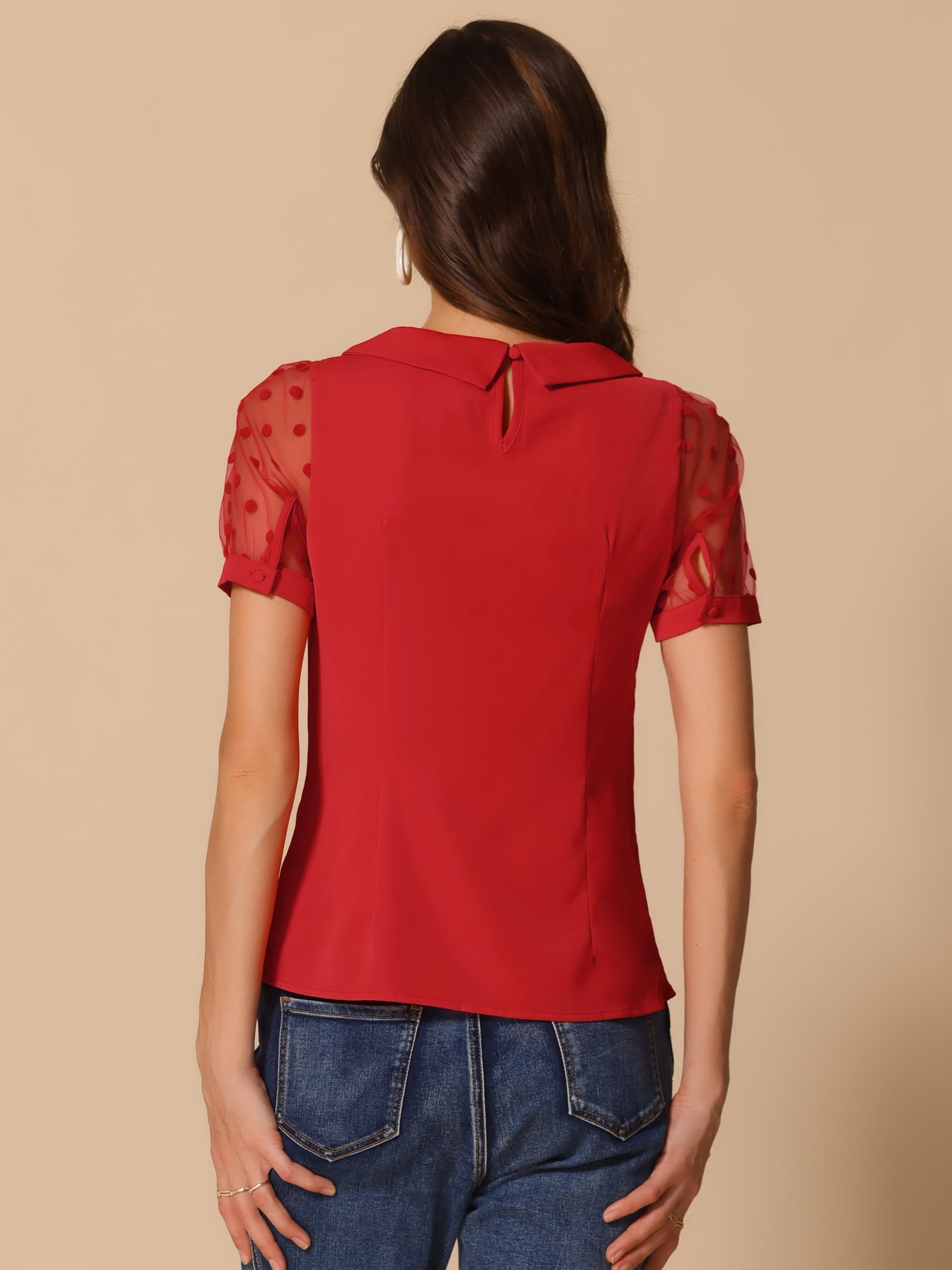 DARING DIVA Women's Polka Dots Mesh Peter Pan Collar Blouses M Red