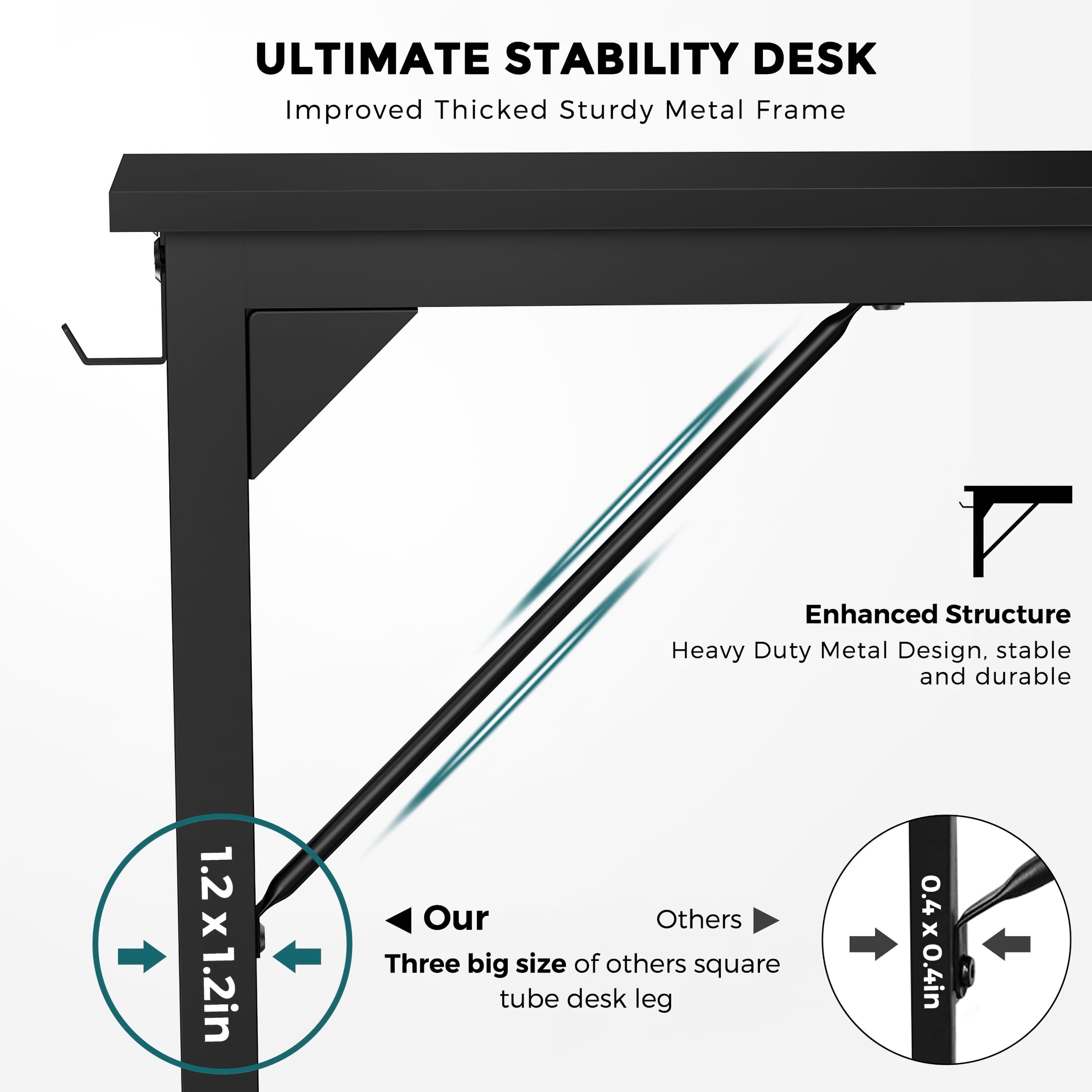 CONCETTA Computer Desk, 40 Inch with Storage Bag and Iron Hooks for Home, Office, Black
