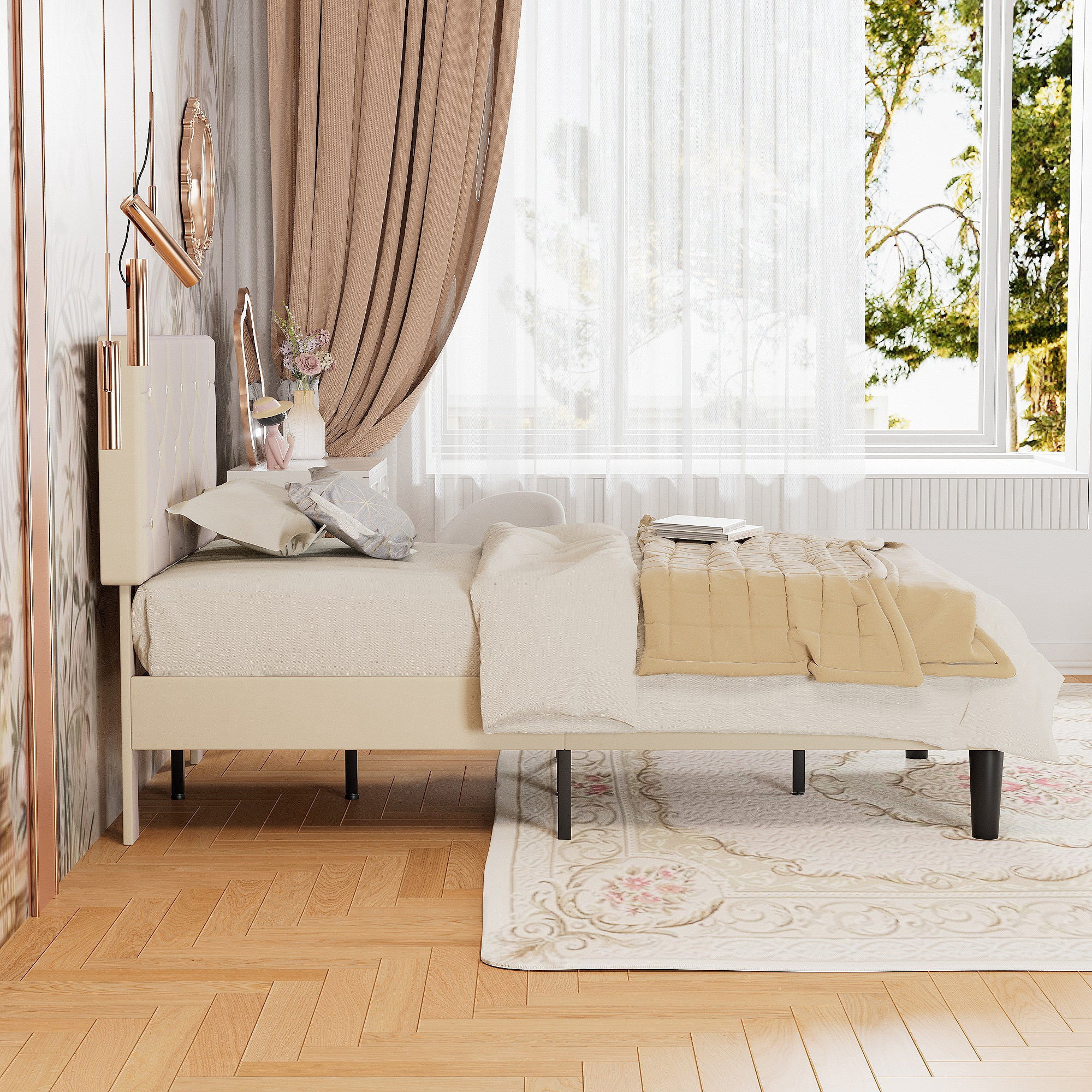 VECELO Queen Size Upholstered Bed Frame, Modern Platform Bed Frame with Diamond Tufted Headboard, No Box Spring Needed, Easy Assembly, Beige
