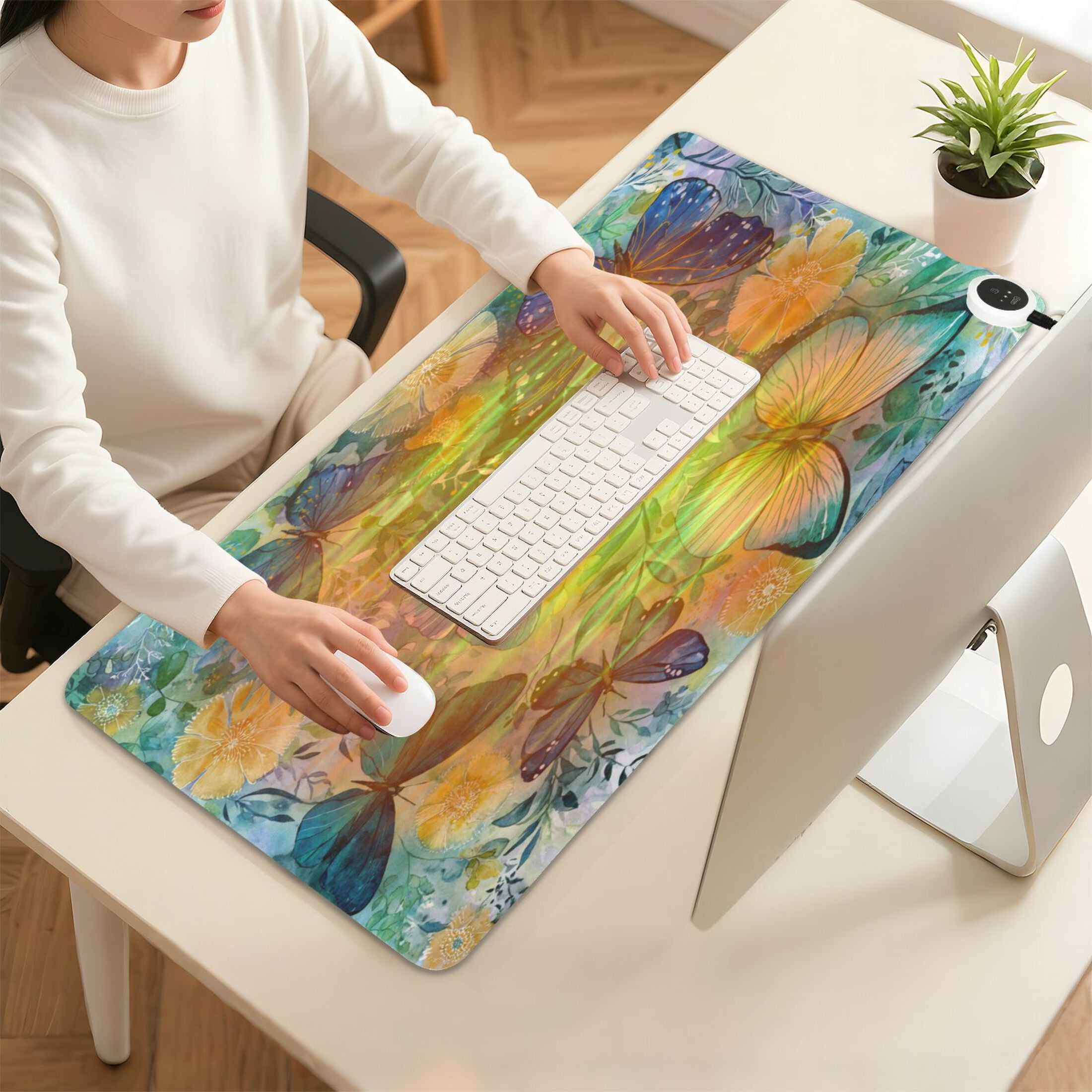 Wobogo Green Butterfly Heated Mouse Pad Extra-Large Desk Mat With 3 Heating Levels and 3-hour Auto Shut-Off Protection Ideal for Computer Keyboards Home Office Hand-warming Essential 31.5in × 13in
